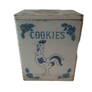 Vintage Wooden Cookie Box Canister Blue White Fragile Farmhouse